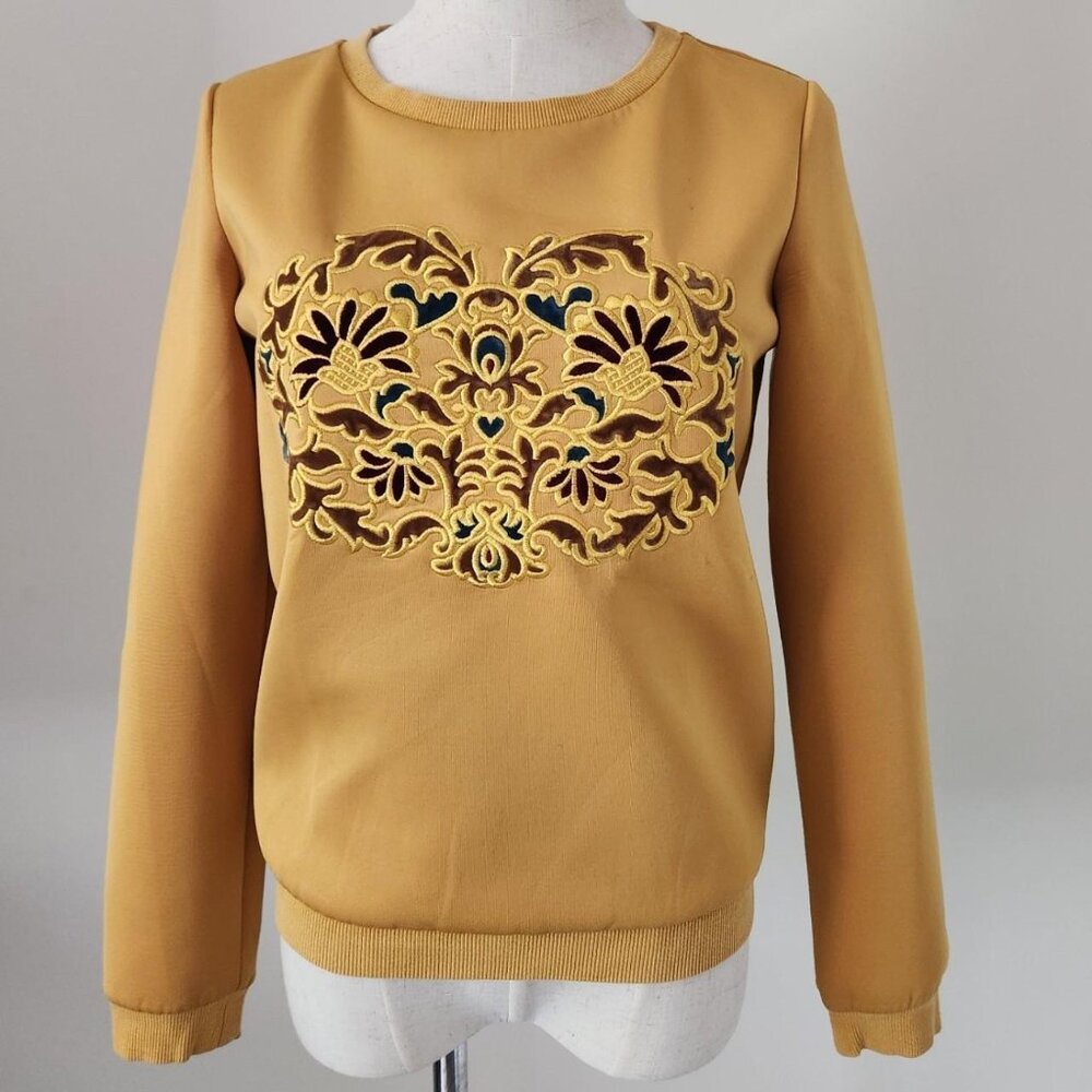 Mustard Yellow & Navy Embroidered Floral Applique Crew Neck Sweatshirt. Size S.